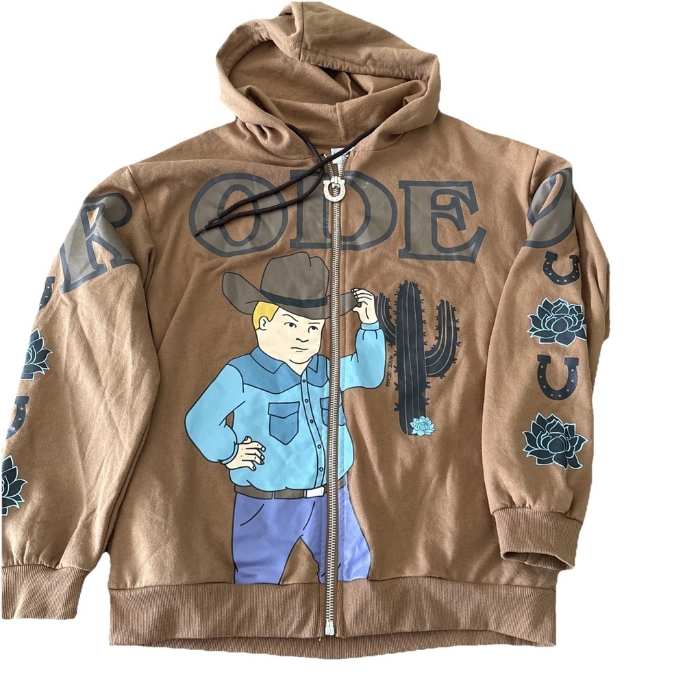Boxlunch King Of The Hill Bobby Rodeo Sweatshirt Brown Hoodie full Zip Up Medium